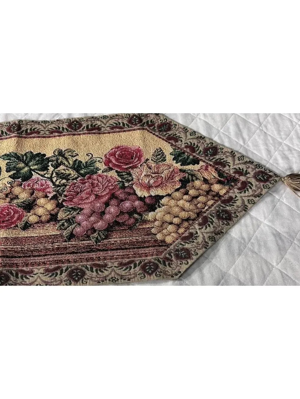 Dada Runner Of Roses & Fruit embroidery cross stitch tapestry table décor 4 ft.